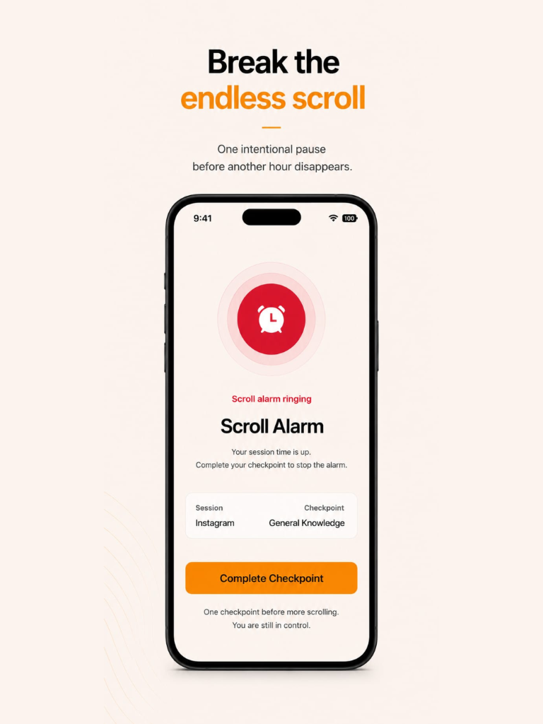 Break the endless scroll alarm ringing screen mockup